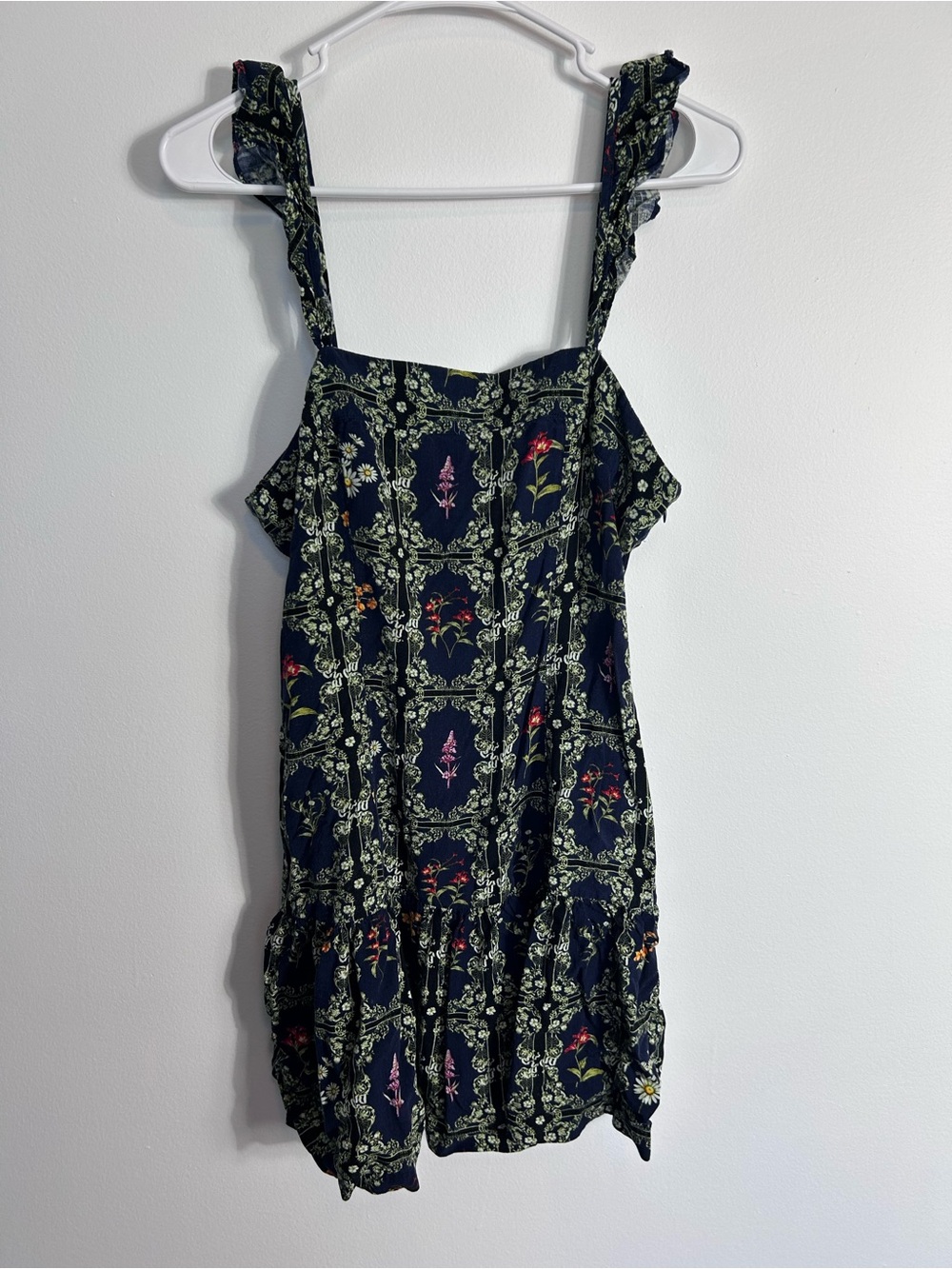 Agua Bendita Navy Floral Print Dress with Green and Yellow Accents - Medium‎